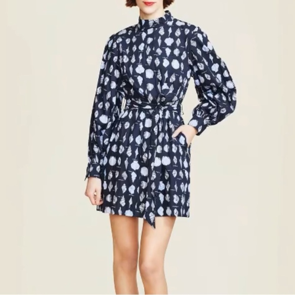 Pearl by‎ Lela Rose Navy Blue Seashell Print Long Sleeve Belted Mini Dress